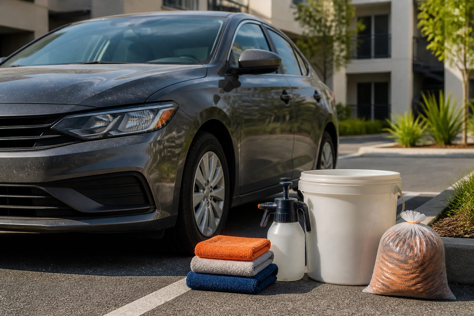 A portable rinseless car-wash setup with a bucket, pump sprayer, microfiber towels, and a car in an apartment parking area