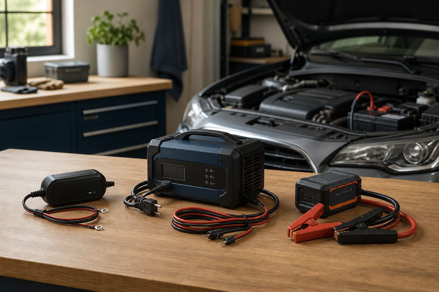 A 12-volt battery maintainer, a larger charger, and a compact jump starter arranged separately on a garage workbench beside a car