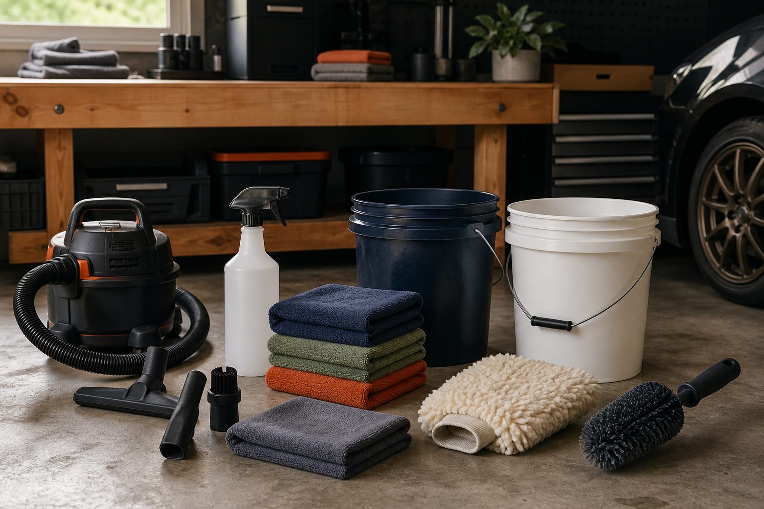 A compact car detailing starter kit with buckets, microfiber towels, a wash mitt, brushes, and a wet-dry vacuum arranged in a home garage