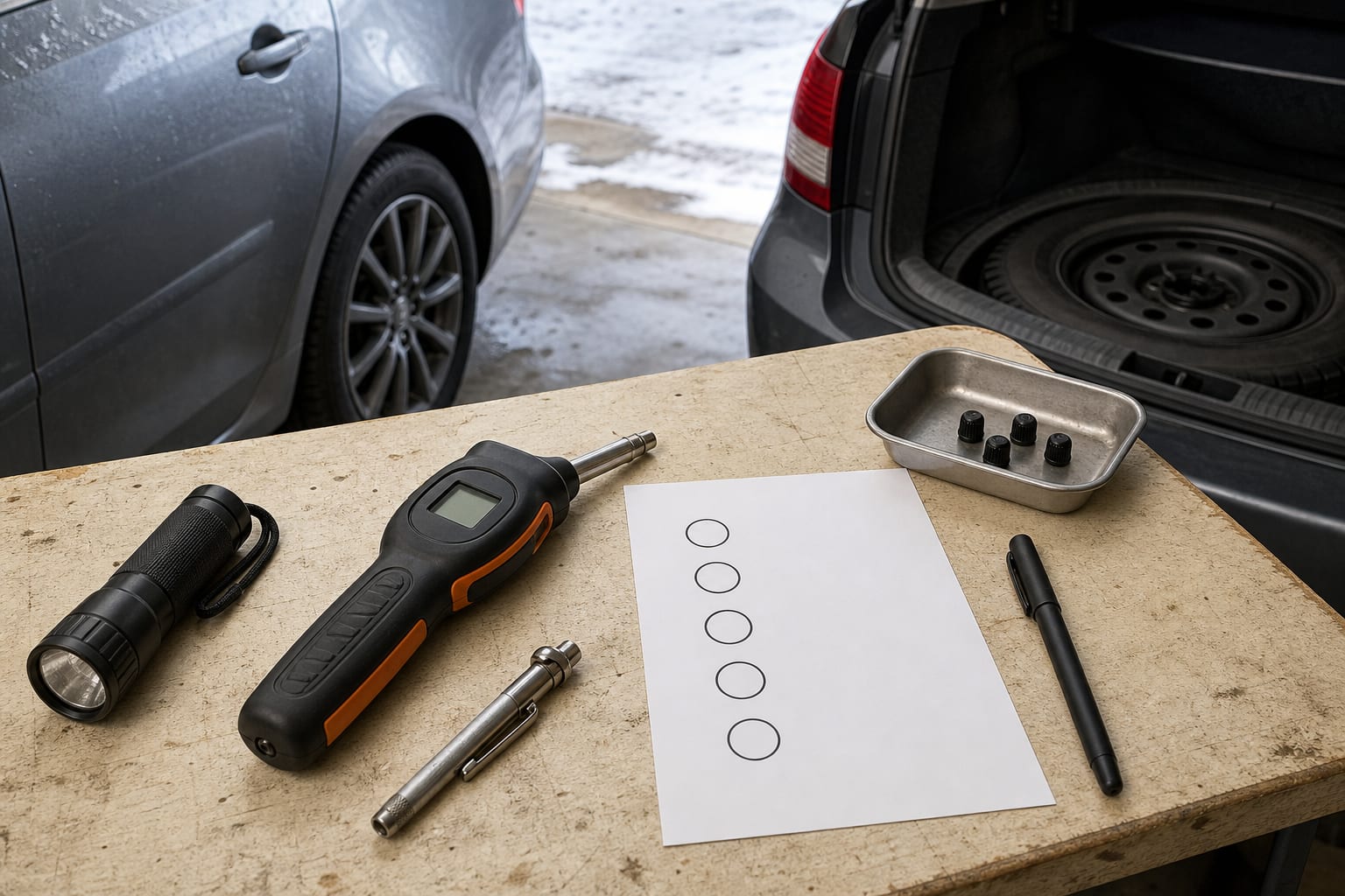 Two tire pressure gauges, a flashlight, several valve caps, and a five-position check sheet beside a car and its spare tire