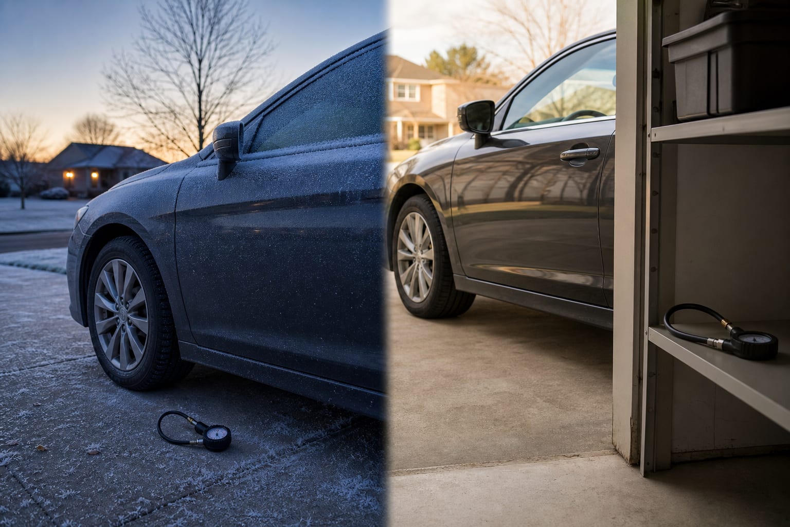 The same passenger car shown parked with frost before driving and later parked after a trip, with a tire gauge in each setting