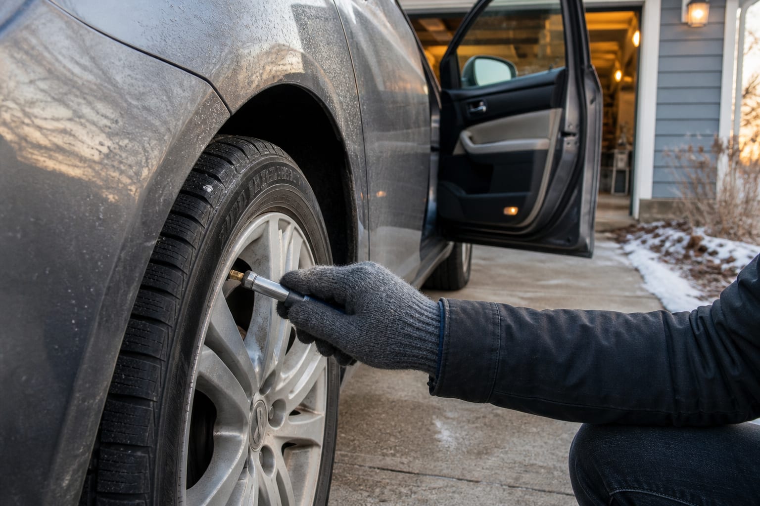 A gloved driver checking an intact passenger-car tire with a handheld pressure gauge on a cold winter morning