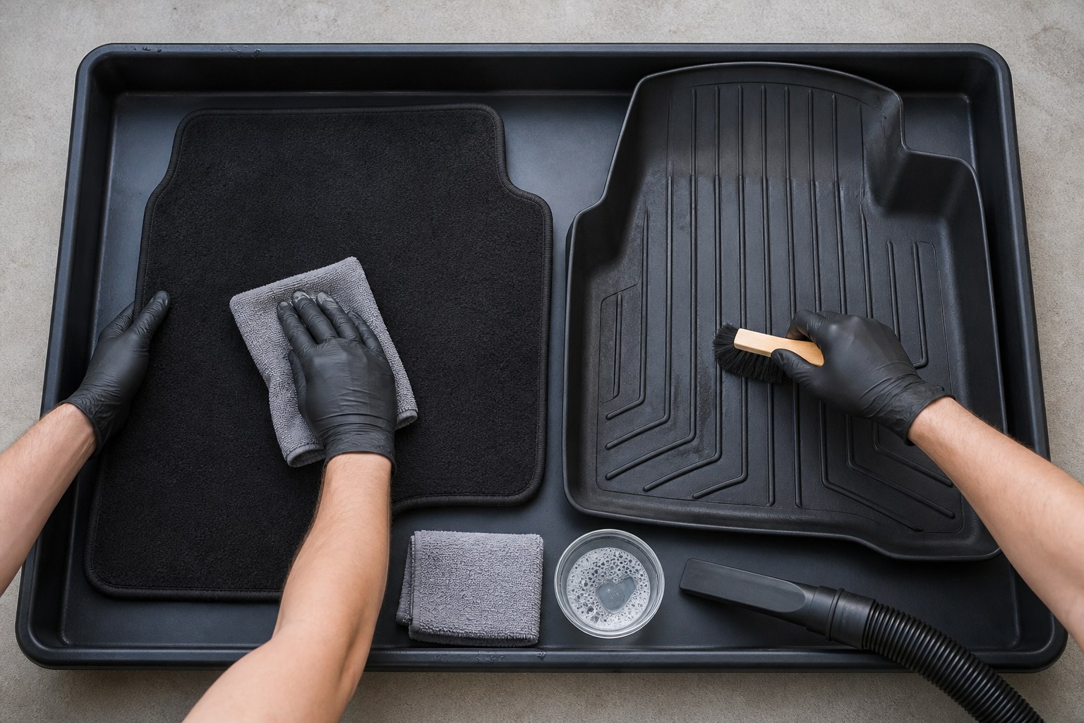 Gloved hands wiping a removable carpet car mat with a damp microfiber towel and brushing an all-weather liner inside a shallow waterproof tray