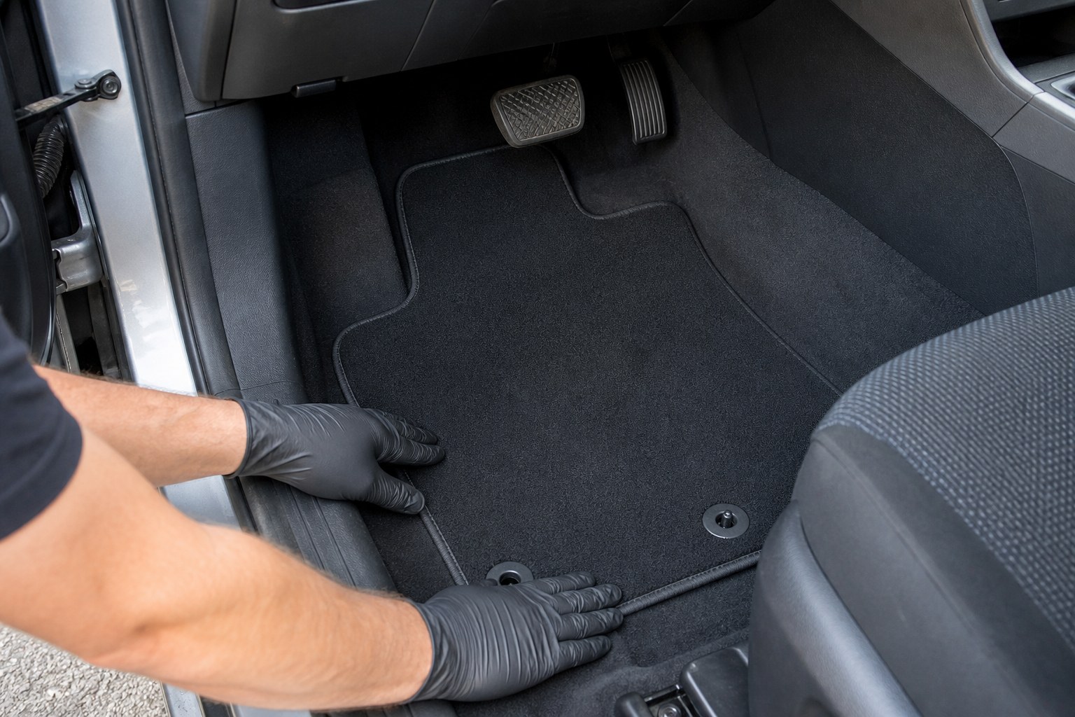 A single dry carpet driver mat being positioned over two factory retention posts with clear space below the brake and accelerator pedals