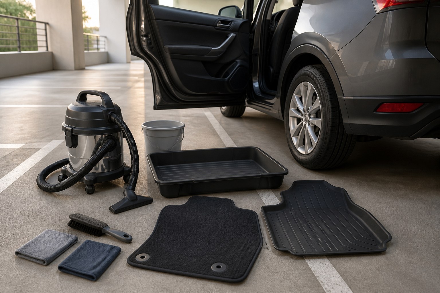 A removable carpet car mat and an all-weather liner beside a shallow utility tray, compact wet-dry vacuum, brush, towels, and small bucket in an apartment parking area