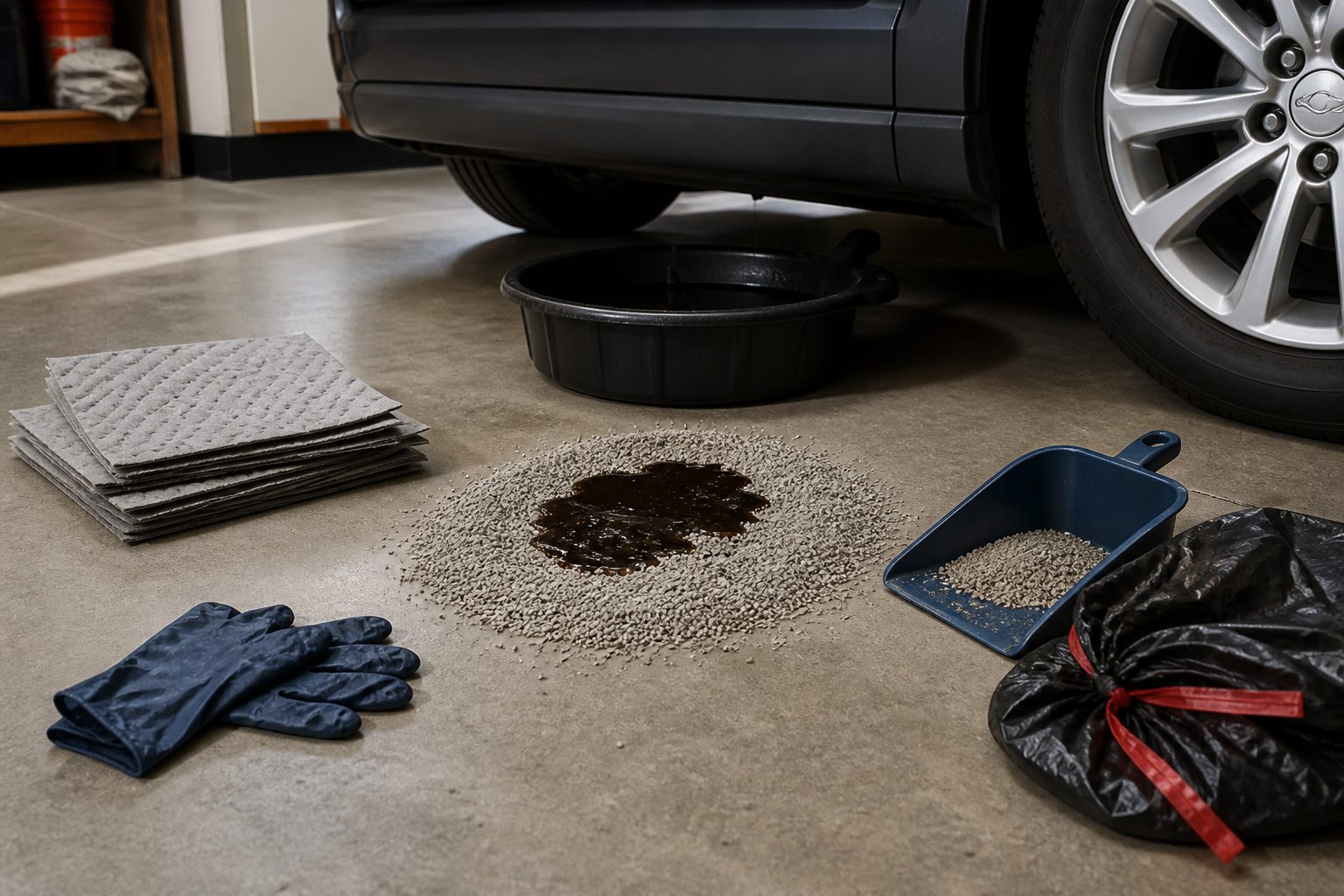 A small contained oil spill on a concrete garage floor surrounded by absorbent granules with pads, gloves, a dustpan, drain pan, and waste bag nearby
