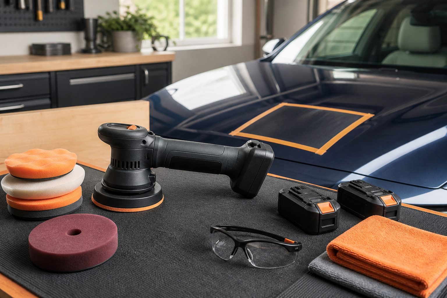 A cordless dual-action polisher with foam pads, batteries, safety glasses, and microfiber towels beside a taped test area on a car hood