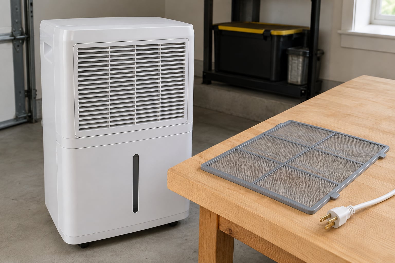 Removable mesh filter and unplugged three-prong power plug on a dry bench beside an intact portable dehumidifier