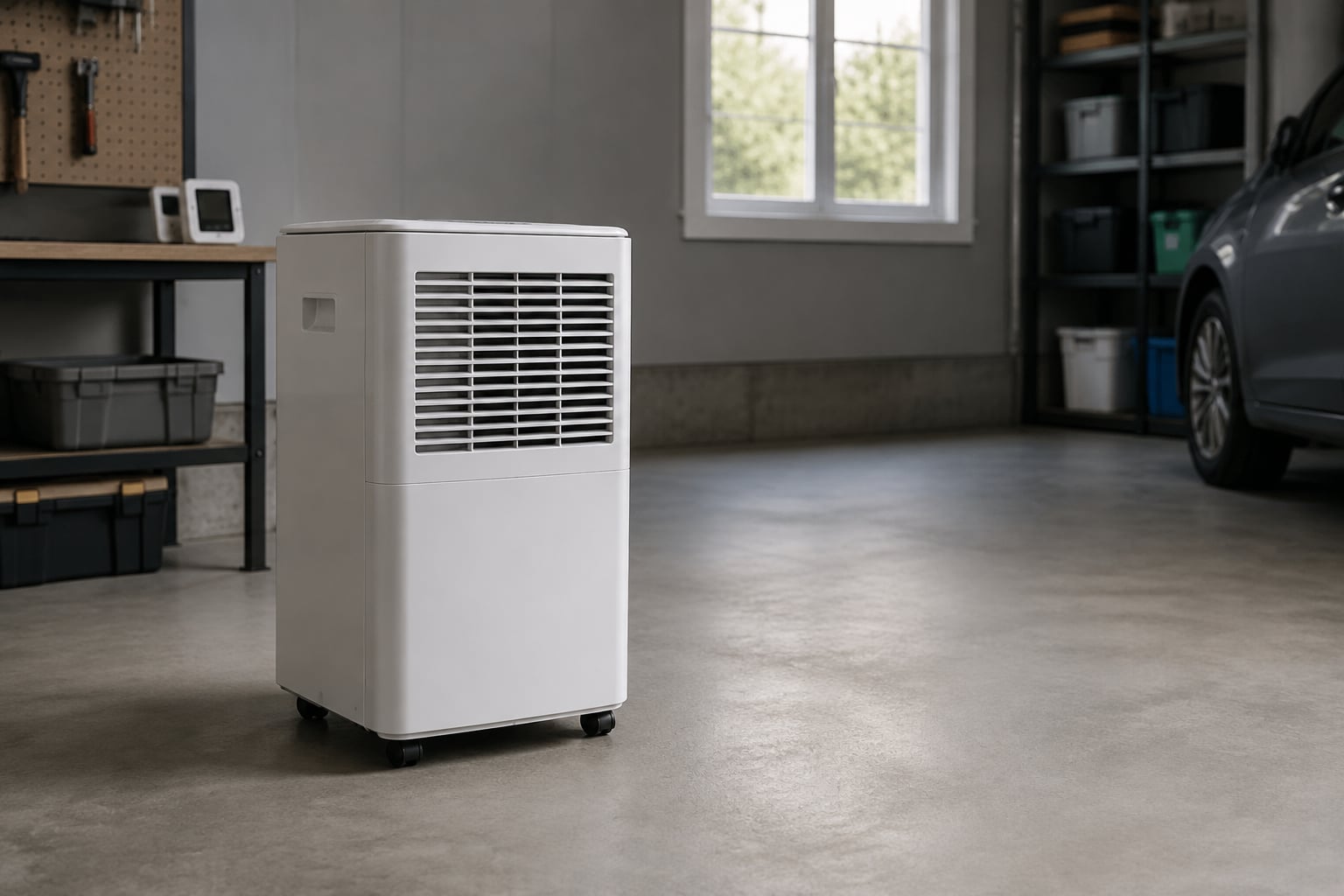 Unbranded portable dehumidifier on a dry garage floor with open space around its grille and a nearby temperature and humidity monitor