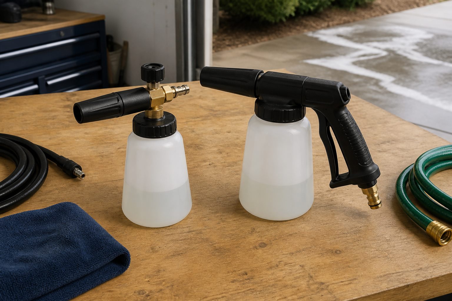 A pressure-washer foam cannon and a garden-hose foam gun arranged side by side on a garage workbench