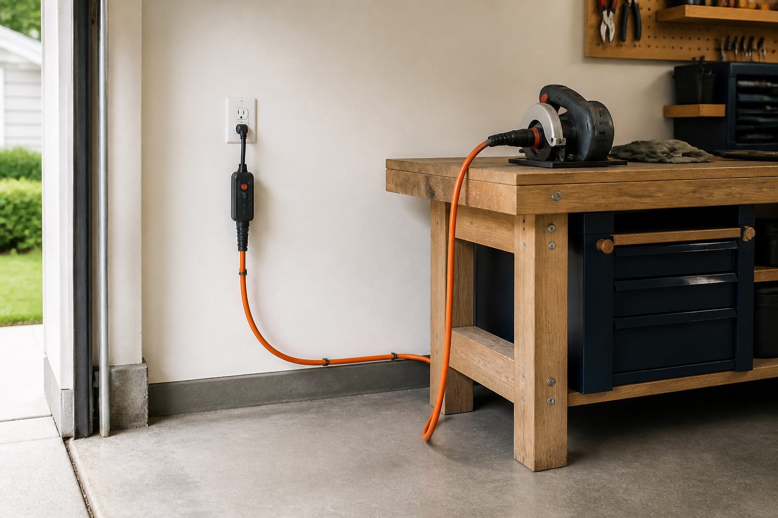 A grounded orange extension cord running through a portable GFCI to a power tool on a dry garage workbench with the cable routed along the wall