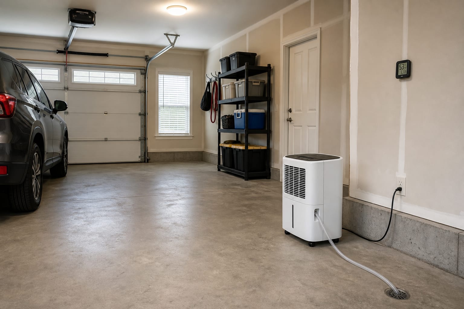 A portable dehumidifier plugged into a grounded wall outlet with a short drain hose routed to a floor drain in a closed garage