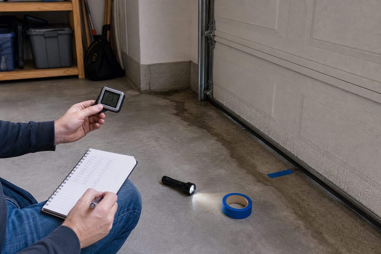 A homeowner logs a hygrometer reading while inspecting condensation and a damp line along the bottom of a garage door