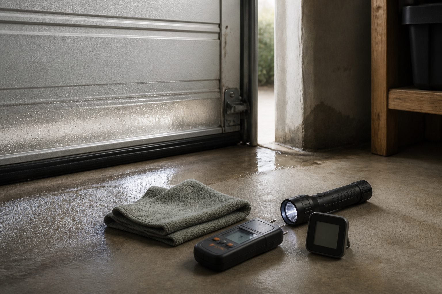 Condensation near the bottom of a garage door with a hygrometer, moisture meter, flashlight, and absorbent cloth ready for inspection