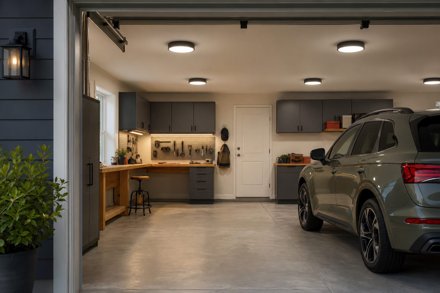 An evenly lit two-car garage with rows of ceiling lights and focused under-cabinet task lighting across a workbench