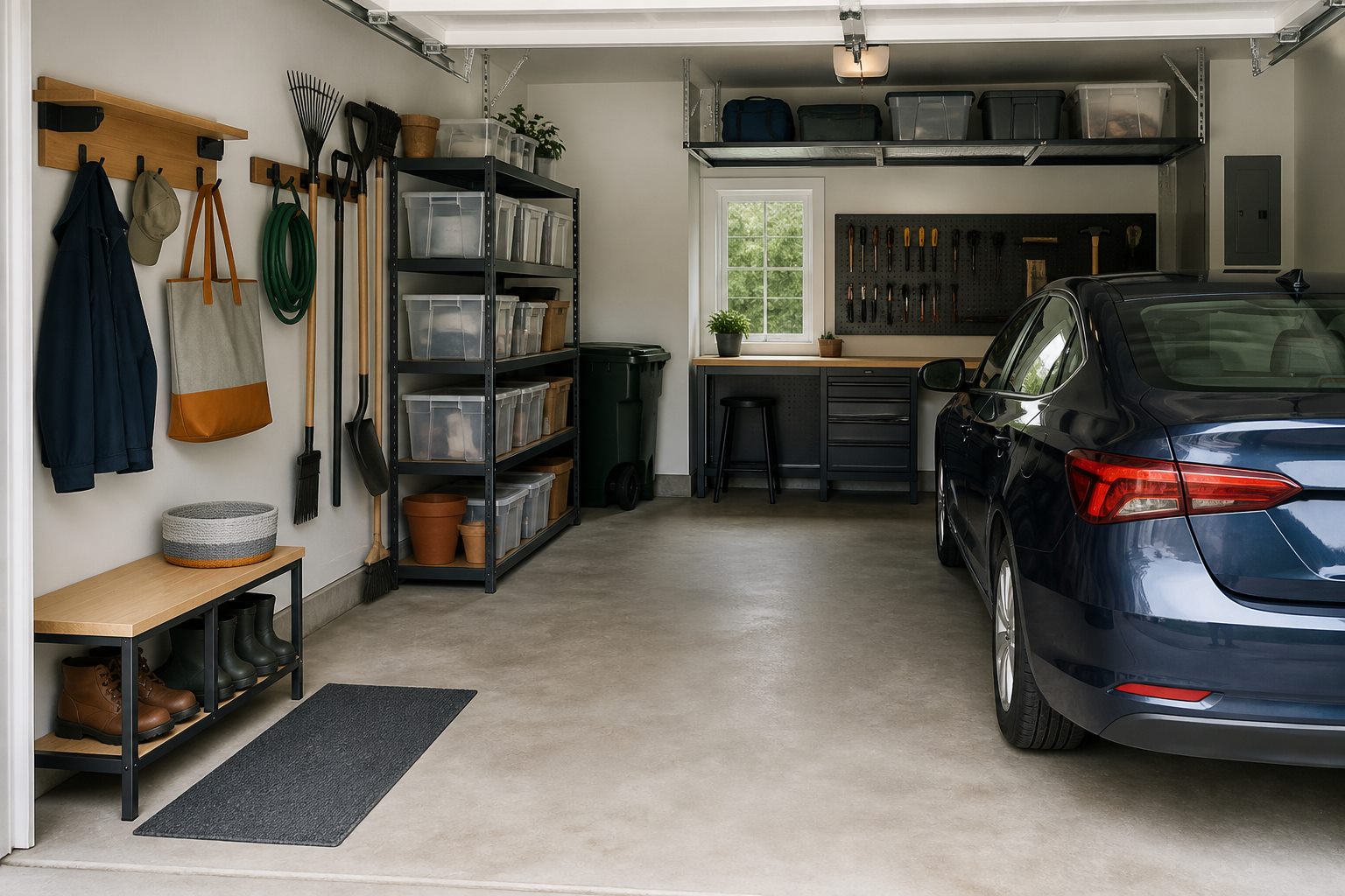 A compact home garage organized into practical zones with wall tools, shelving, a workbench, overhead storage, and a clear walking path