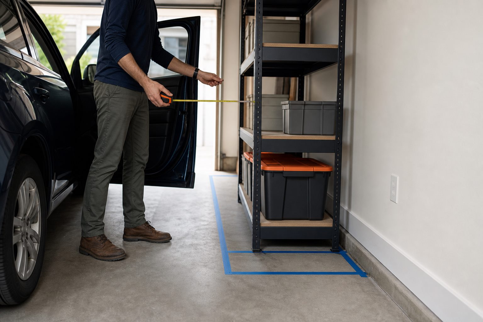 A homeowner measuring the clearance between garage shelving and an open car door with the shelf footprint marked on the floor