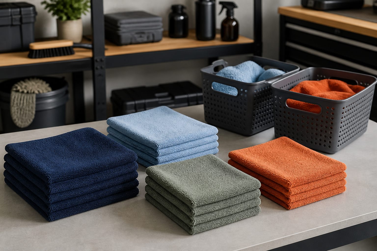 Color-coded stacks of navy, blue, sage, and orange microfiber towels organized on a clean garage work surface