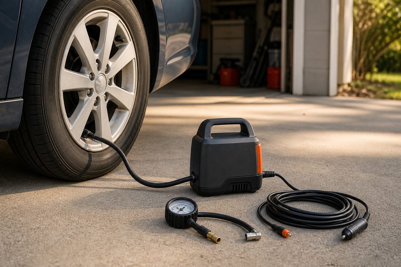 A compact portable tire inflator connected to a car tire with a separate pressure gauge and coiled 12-volt power cord on a dry driveway