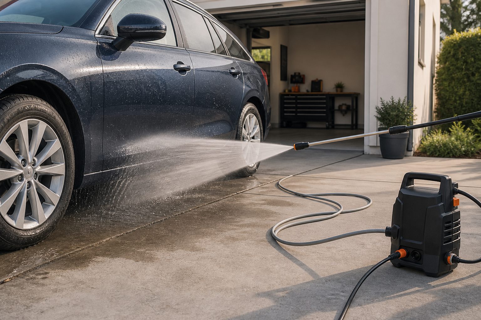 An electric pressure washer producing a broad fan of water across the lower side of a car from a safe distance