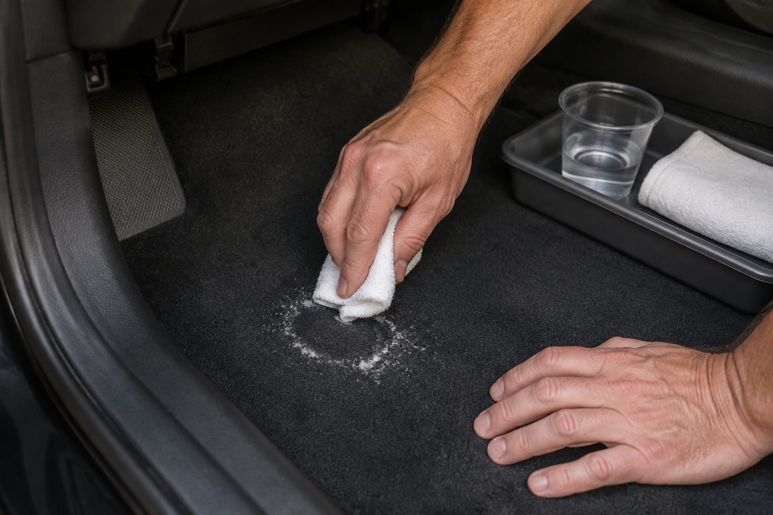 Hands blotting a small white winter salt ring on dark fixed automotive carpet with a damp microfiber cloth while clean water and a dry towel wait in a shallow tray