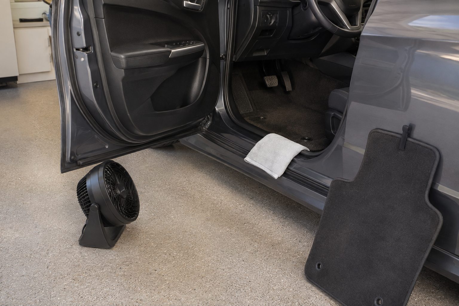 A cleaned driver footwell drying with the vehicle door open, a portable fan positioned outside the car, and the removable carpet mat drying separately
