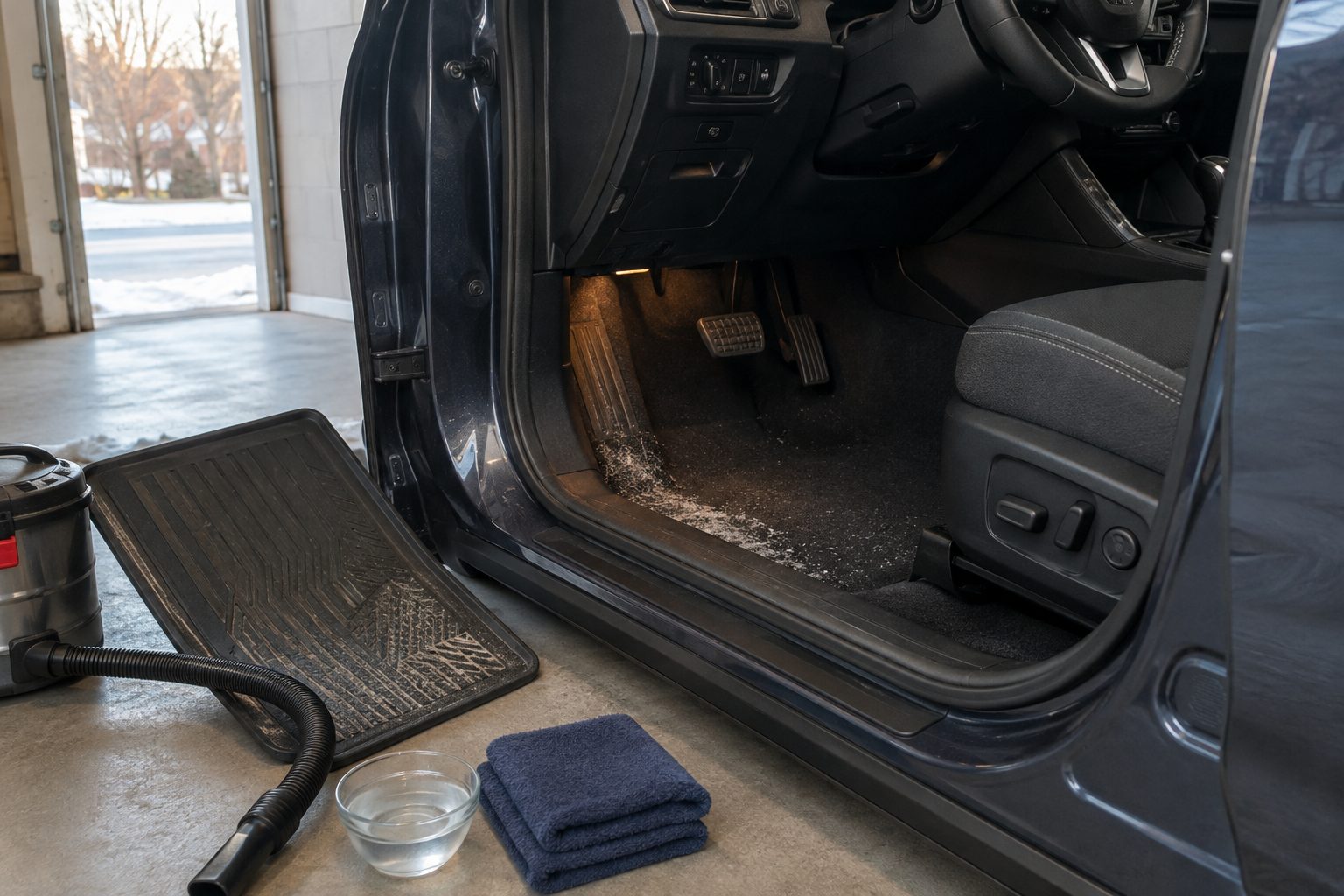 White winter road-salt residue on dark fixed driver-footwell carpet with the removable mat, wet-dry vacuum hose, water bowl, and microfiber towels arranged outside the car
