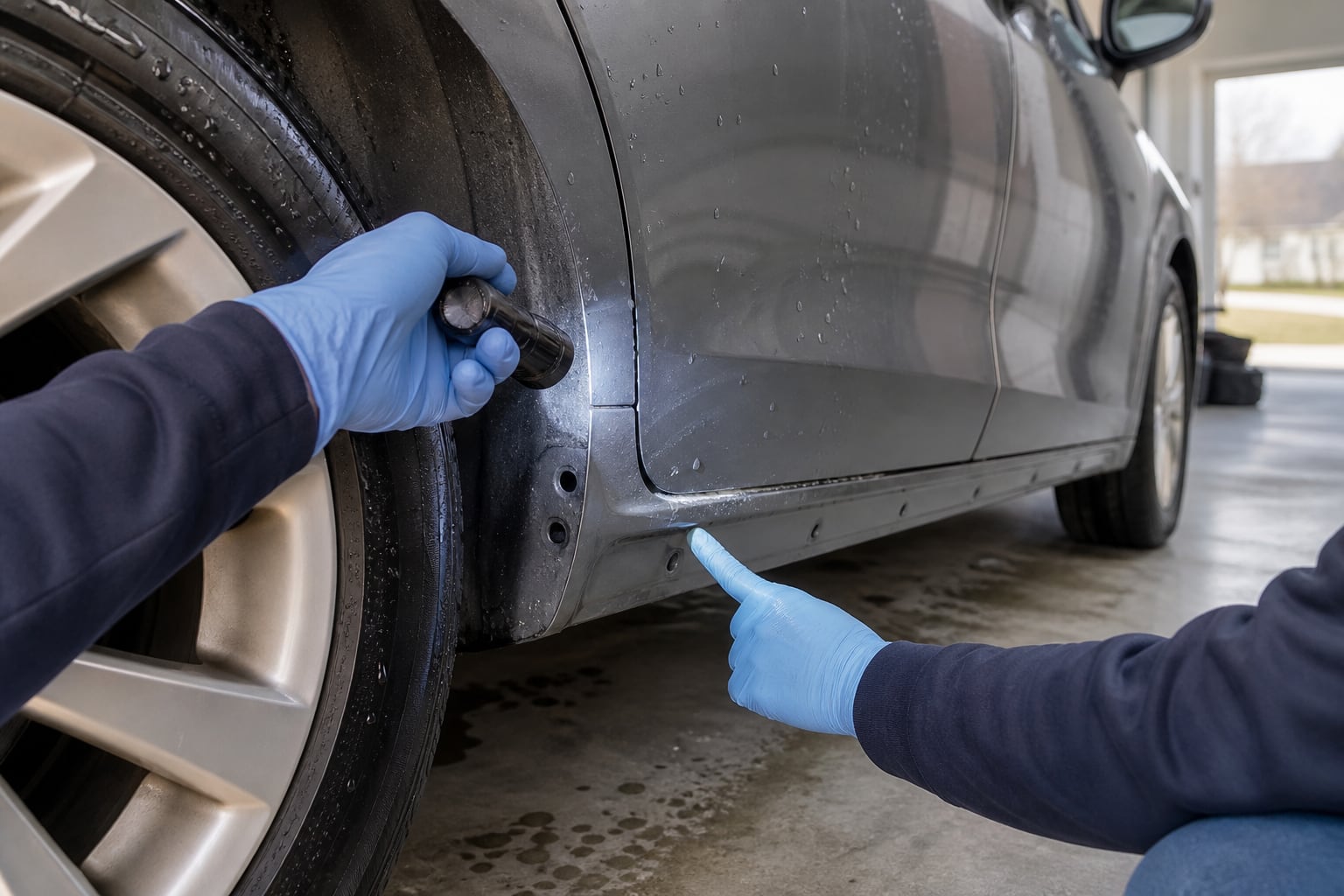 Gloved hands using a flashlight to inspect a cleaned wheel well, lower door seam, and rocker-panel drain openings
