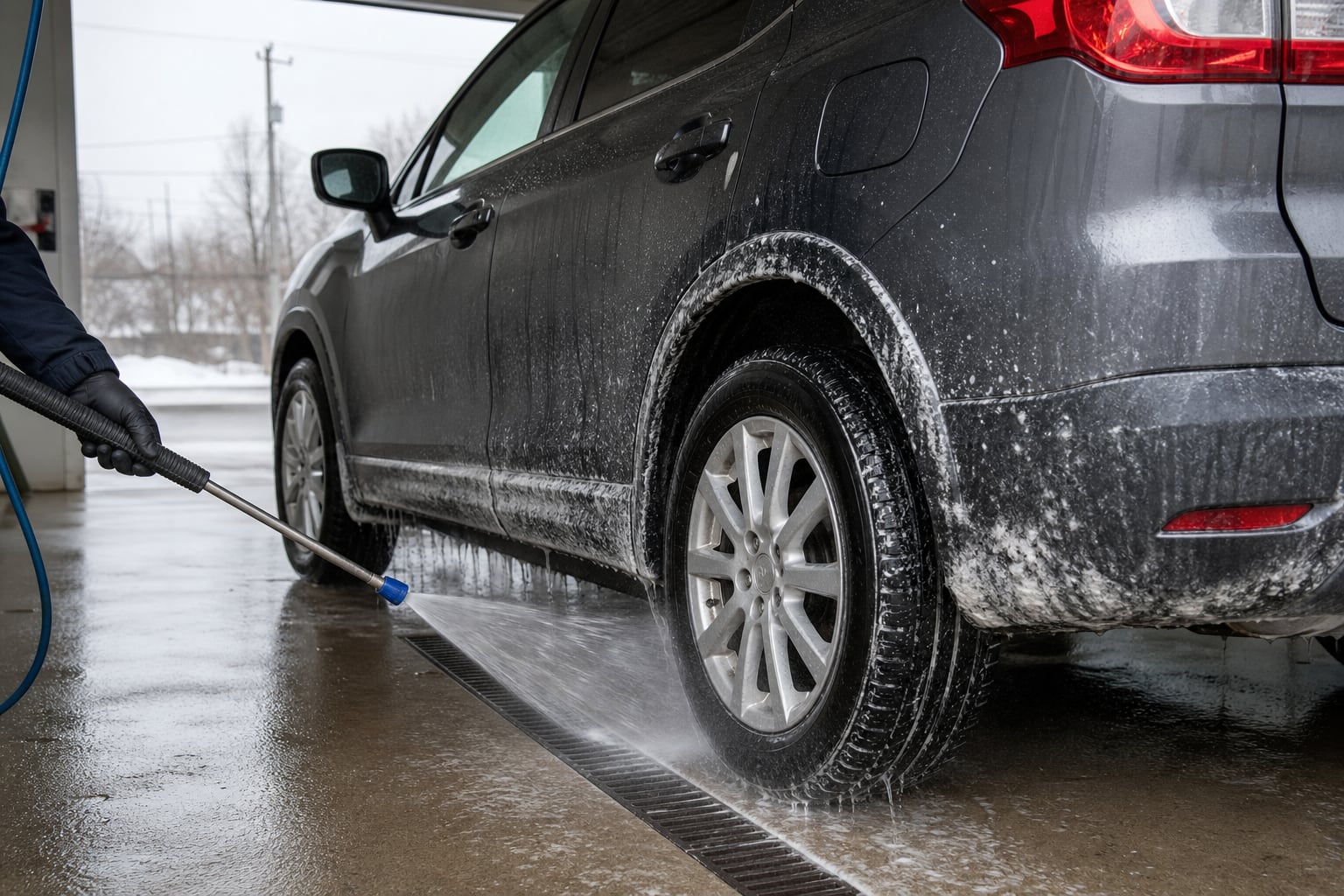 Road-salt residue being rinsed from a rear wheel well and rocker panel in a self-service wash bay with drainage