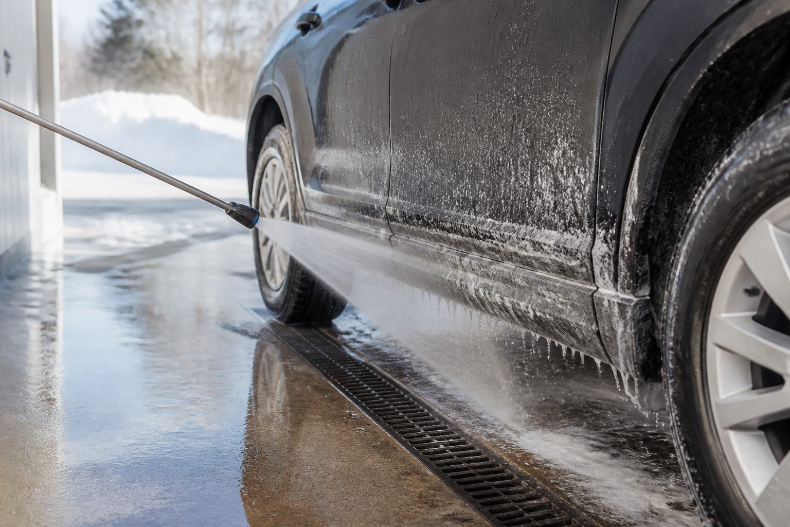 Winter road salt being rinsed from the lower door and rocker panel of a dark car in a self-service wash bay