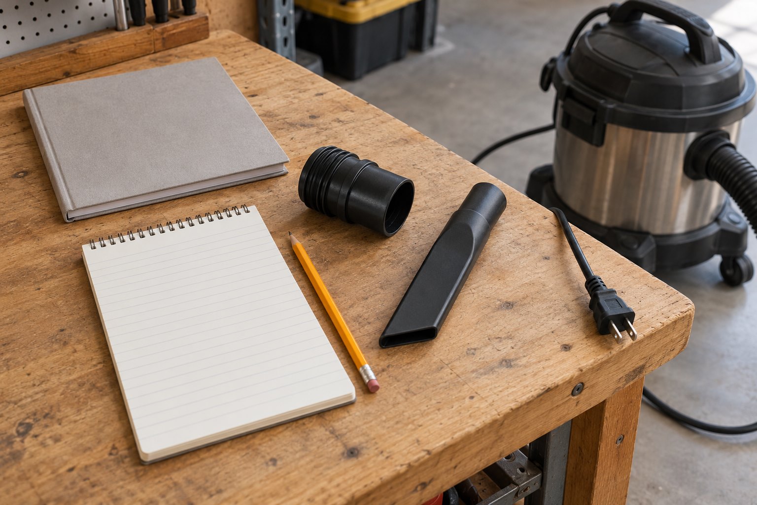 Blank ruled maintenance note, plain manual, detached connector and car nozzle beside the disconnected plug of a closed unbranded utility vacuum