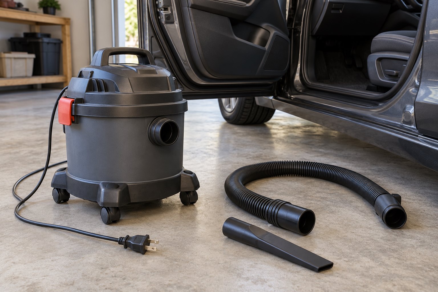 Unplugged unbranded wet-dry vacuum beside a parked car, with disconnected plug, detached hose and car crevice nozzle visible on a dry garage floor