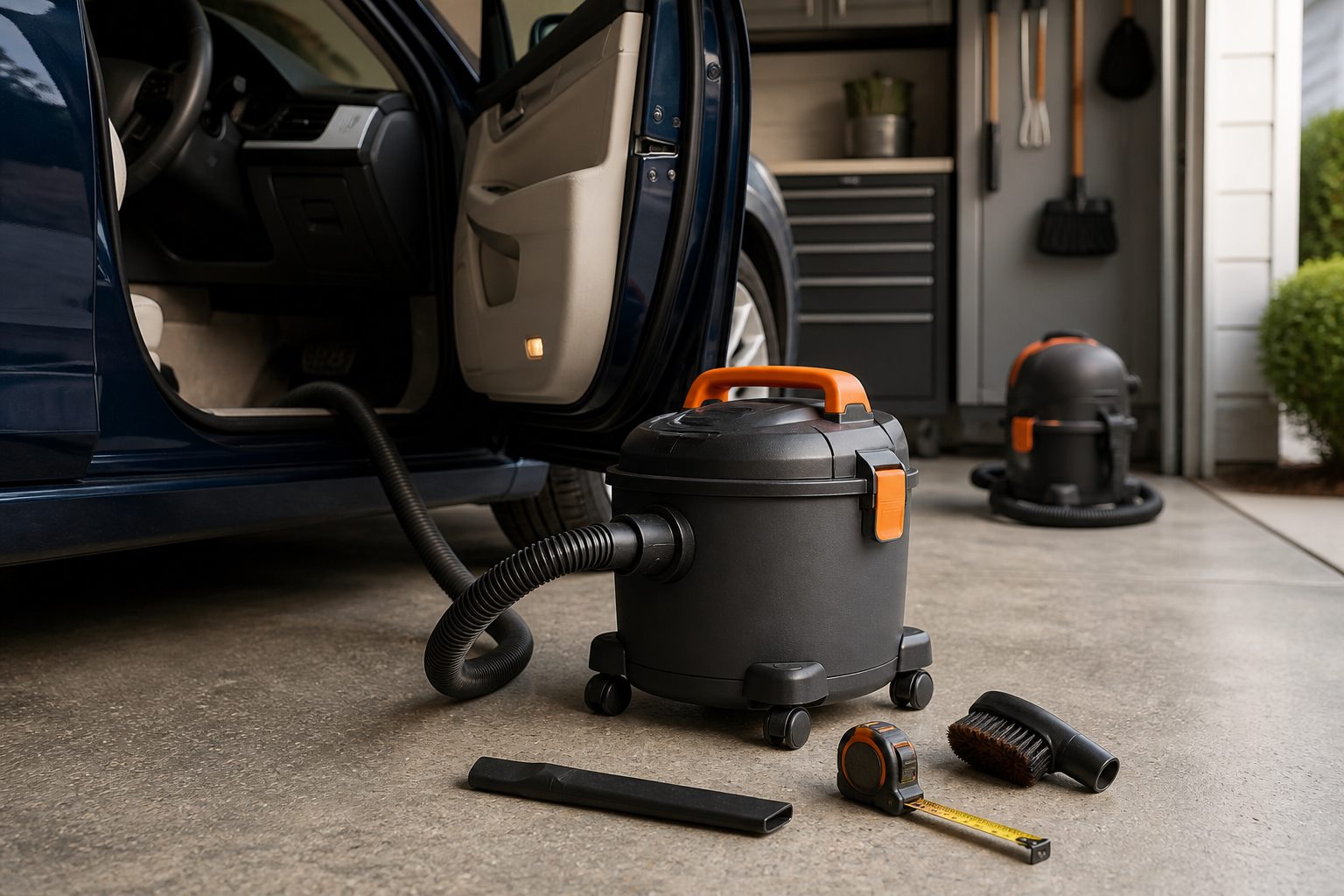 A compact wet-dry vacuum with a long hose and detailing attachments beside an open car door in a home garage