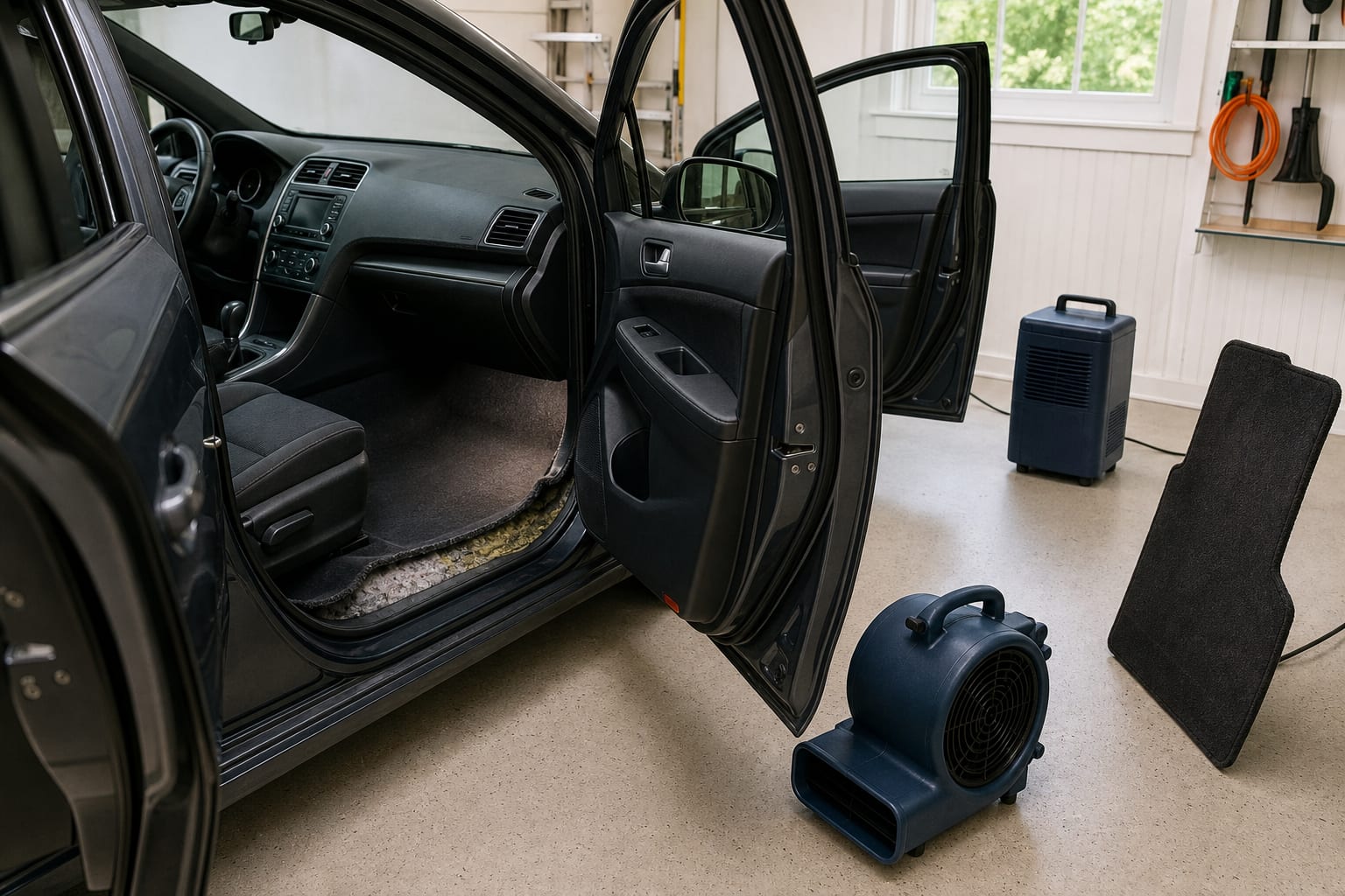A car with open doors, lifted carpet, an air mover, a dehumidifier, and a floor mat drying separately on a dry garage floor