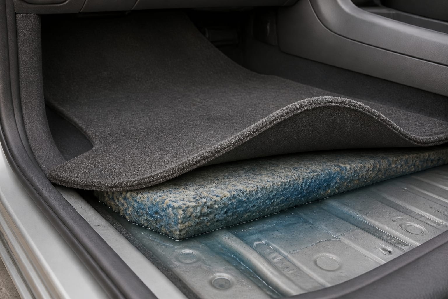 Cutaway view of lifted automotive carpet revealing wet absorbent padding above the metal floor pan