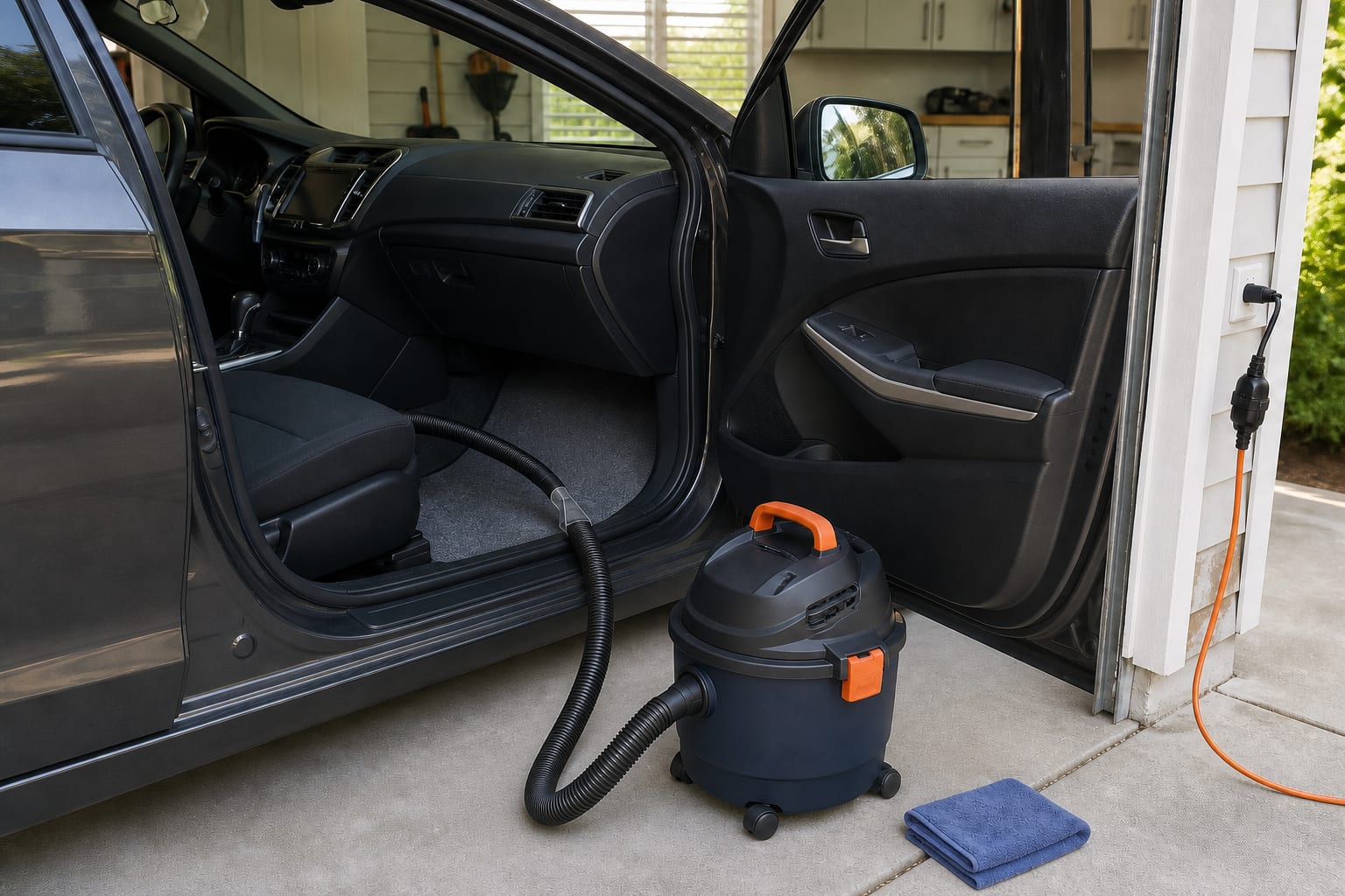 An unbranded wet-dry vacuum connected to an upholstery nozzle on damp passenger-footwell carpet in a dry home garage