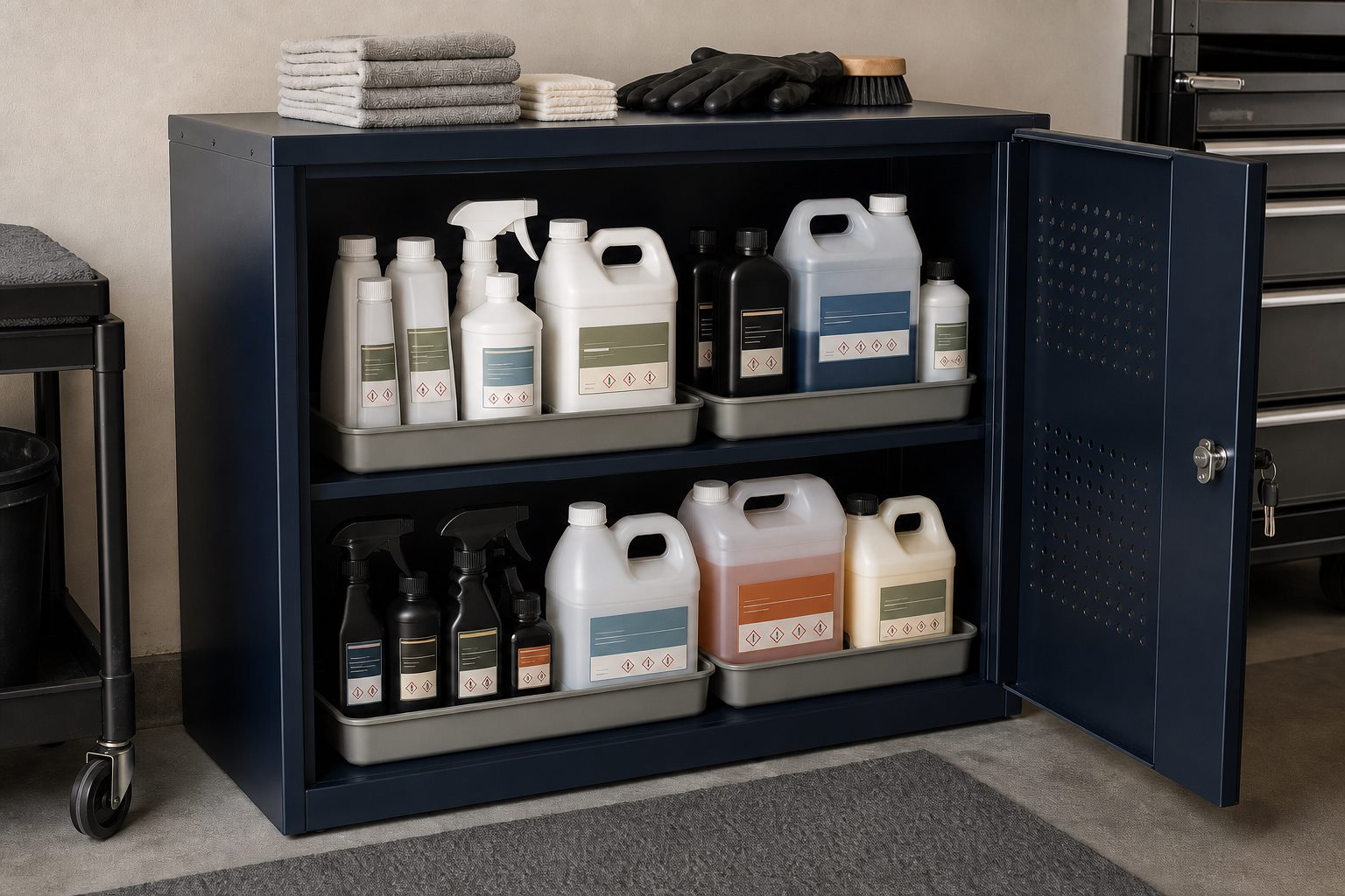 Labeled car-care bottles stored upright in separate spill trays inside a ventilated locking navy garage cabinet