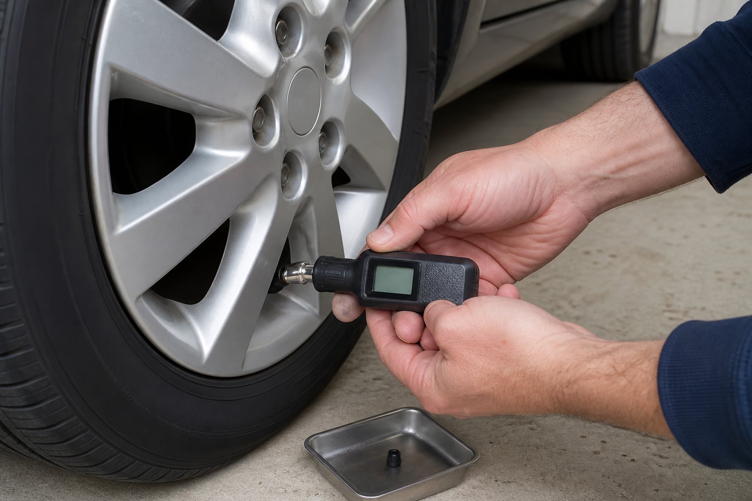 A driver holding an unbranded digital tire pressure gauge squarely against a passenger-car valve stem with the valve cap in a small tray