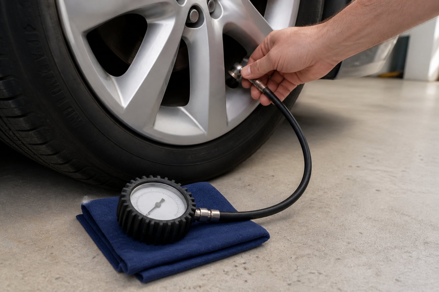 A round unbranded dial tire pressure gauge resting on a folded towel while its flexible hose and angled chuck reach a recessed passenger-car valve stem