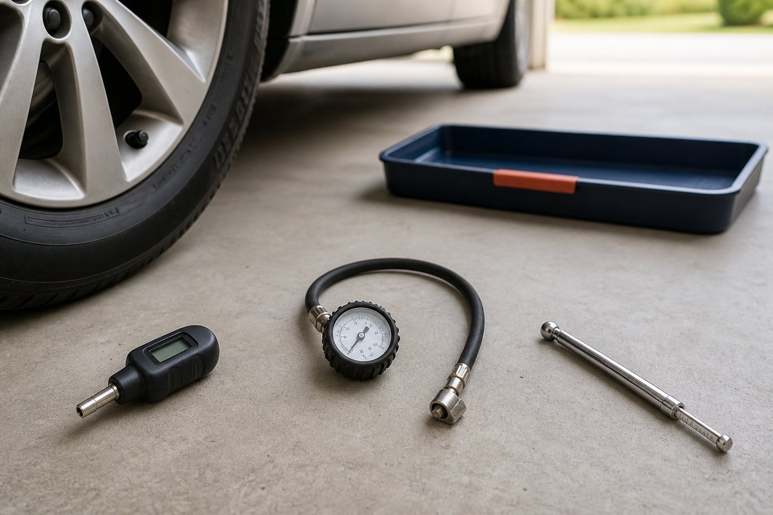 An unbranded digital tire pressure gauge, round dial gauge with its own hose, and pencil-style gauge arranged separately beside a passenger-car wheel